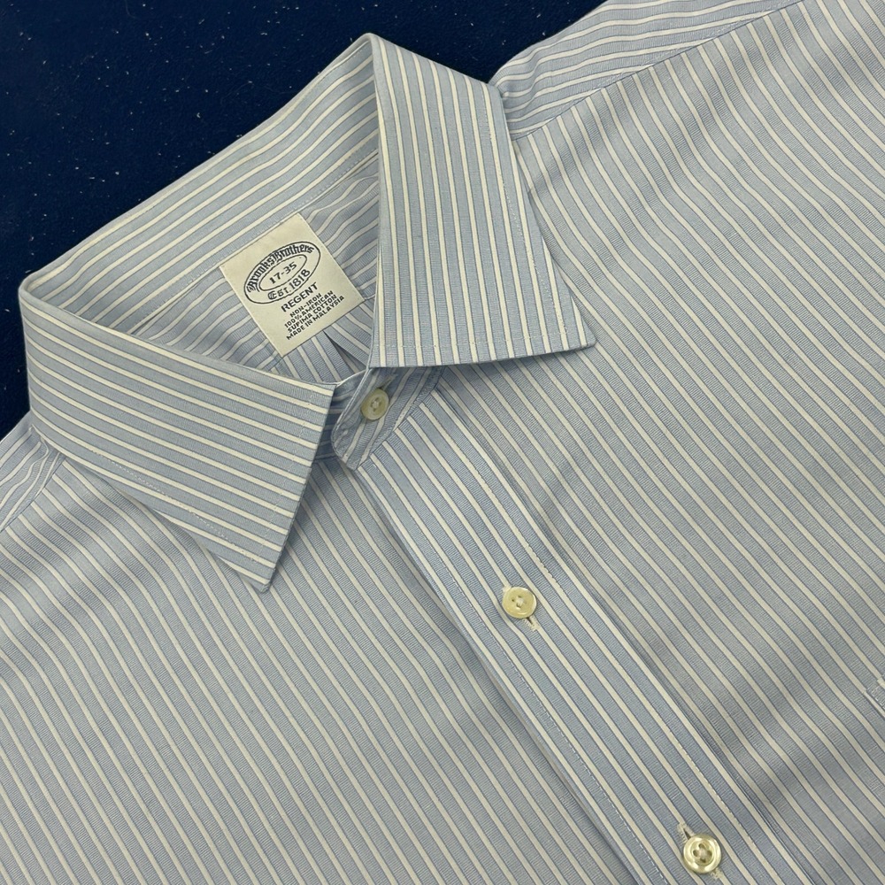 Brooks Brothers Regent Dress Shirt Mens 17-35 Blue White Striped Non-Iron Cotton